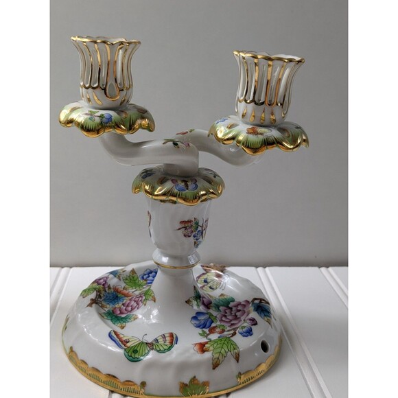 Herend Queen Victoria Green Border Double Candlesticks Set of 2 - Picture 3 of 16